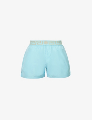 VERSACE VERSACE MENS LIGHT BLUE+GOLD BRANDED-WAISTBAND SWIM SHORTS,65582191