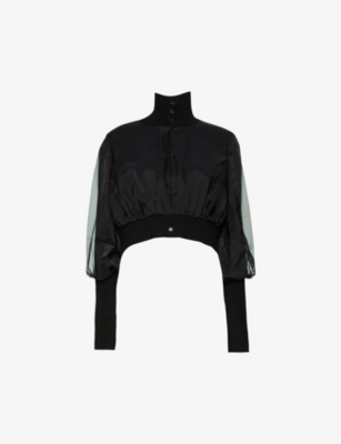 Womens Black Sheer-overlay Cropped Wool-knitted Cardigan