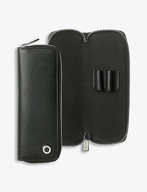 BOSS: Tradition logo-badge leather zipped pen pouch