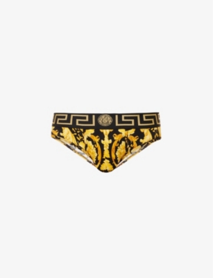 VERSACE VERSACE MEN'S BLACK+PRINT BRANDED-PRINT STRETCH-COTTON BRIEFS,65610573