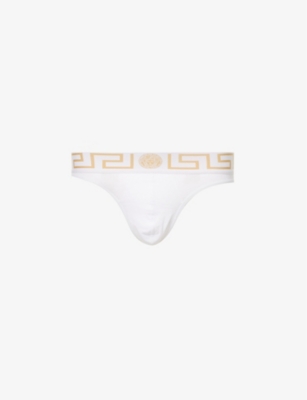 Versace Pack Of Three Logo-jacquard Stretch-cotton Briefs In White- Greek Gold