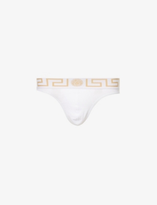 VERSACE VERSACE MEN'S WHITE- GREEK GOLD BRANDED-WAISTBAND STRETCH-COTTON THONG,65610795