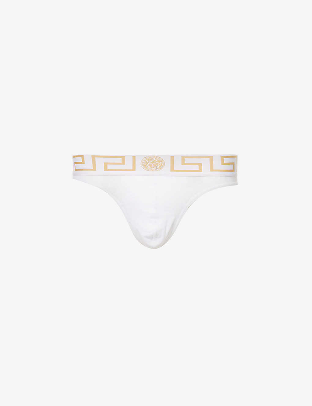 VERSACE VERSACE MEN'S WHITE- GREEK GOLD BRANDED-WAISTBAND STRETCH-COTTON THONG,65610795