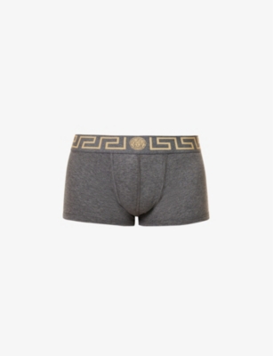 Versace Mens Grey-gold Branded-waistband Stretch-cotton Trunks | ModeSens