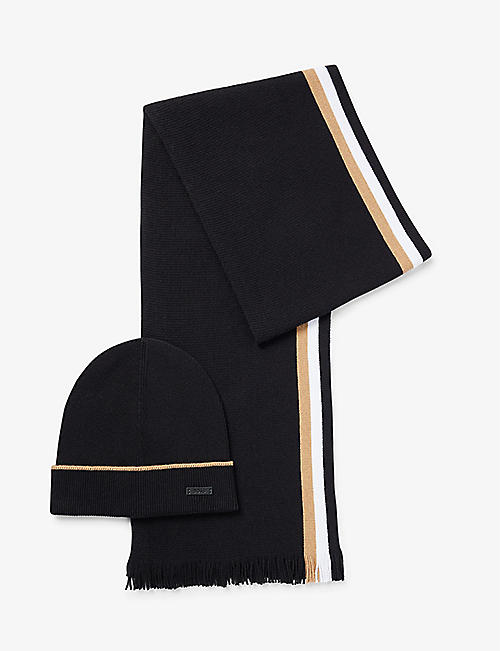 BOSS: Striped-pattern frayed-trim wool and cashmere-blend scarf