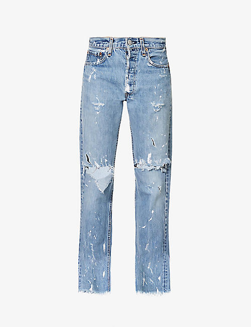 JEAN VINTAGE: Paint-splatter straight wide-leg mid-rise jeans