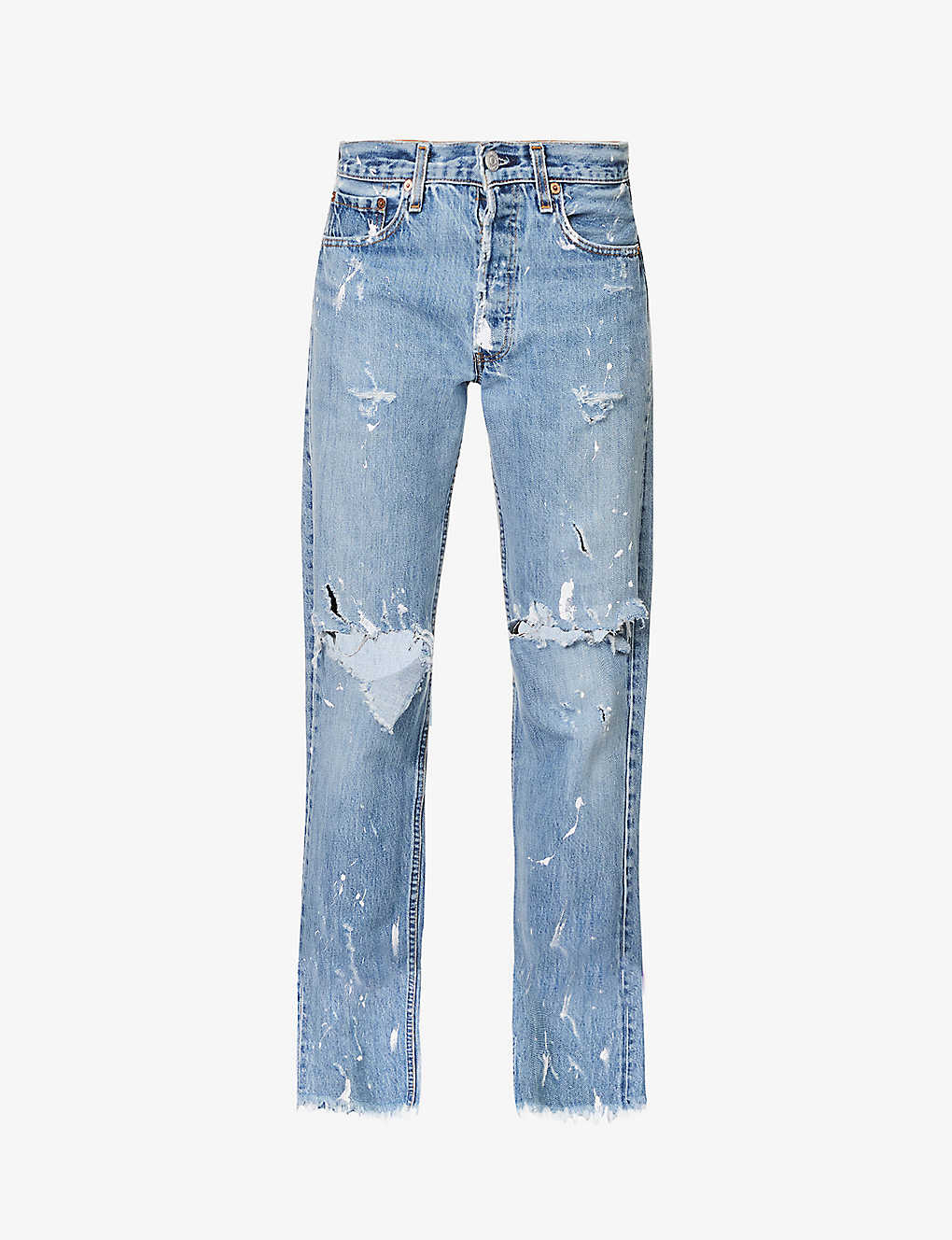 Jean Vintage Womens Light Blue Wash Paint-splatter Straight Wide-leg Mid-rise Jeans