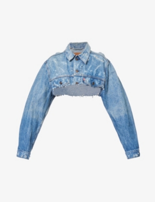 Jean Vintage Womens Mid Blue Distressed Brand-tab Denim Jacket
