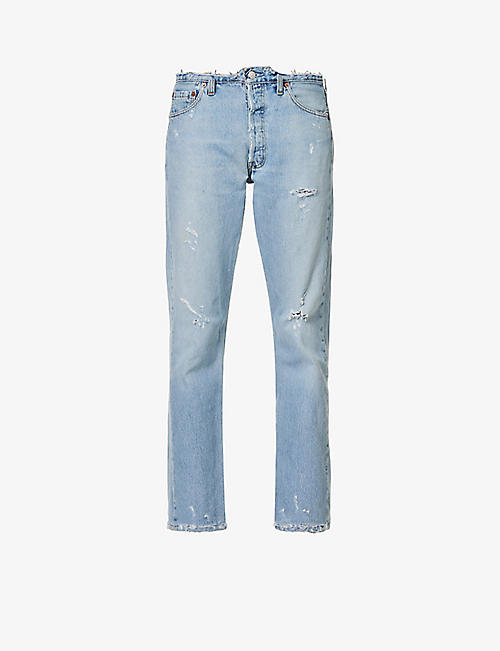 JEAN VINTAGE: Distressed faded-wash straight-leg mid-rise upcycled denim jeans