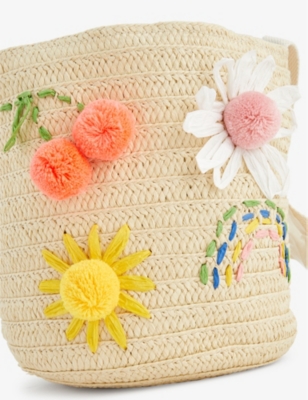 Shop Meri Meri Girlskids Embroidered Flower And Rainbow Straw Shoulder Bag In Multi