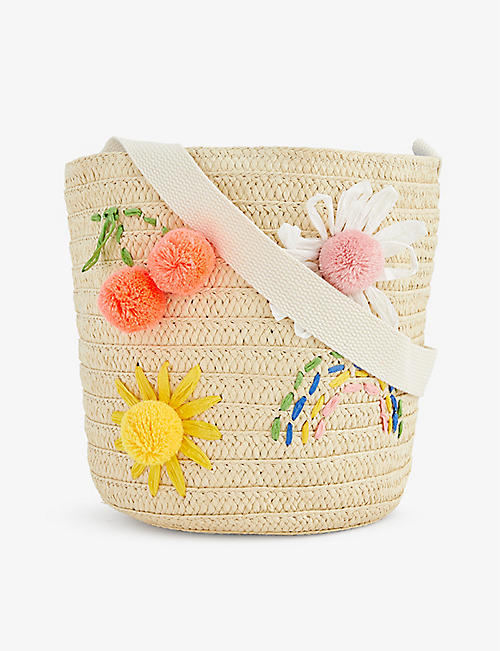 MERI MERI: Embroidered flower and rainbow straw shoulder bag