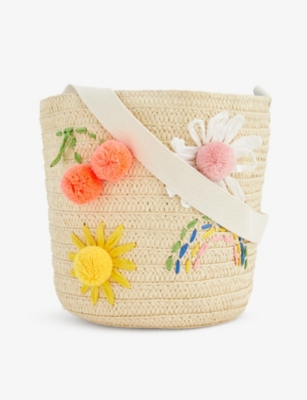 Meri Meri Girls Multi Kids Embroidered Flower And Rainbow Straw Shoulder Bag