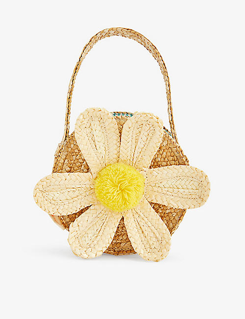 MERI MERI: Daisy-appliqué straw circular bag