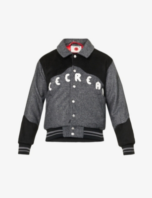 ICECREAM ICECREAM MENS GREY WESTERN BRAND-APPLIQUÉ WOVEN VARSITY JACKET,65658780