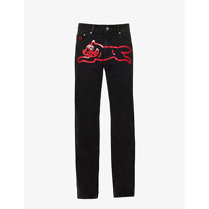 Icecream Mens Black Running Dog Brand-print Straight-leg Jeans