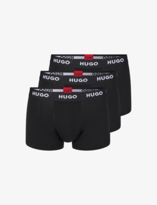 HUGO HUGO MEN'S BLACK PACK OF THREE LOGO-WAISTBAND STRETCH-COTTON TRUNKS,65665412