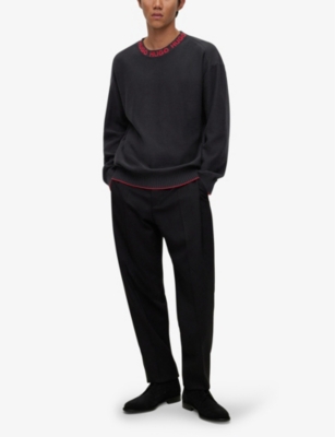 Shop Hugo Branded-trim Crewneck Relaxed-fit Cotton Sweatshirt In Black