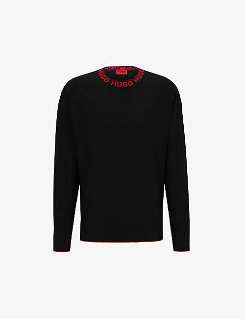 HUGO: Branded-trim crewneck relaxed-fit cotton sweatshirt