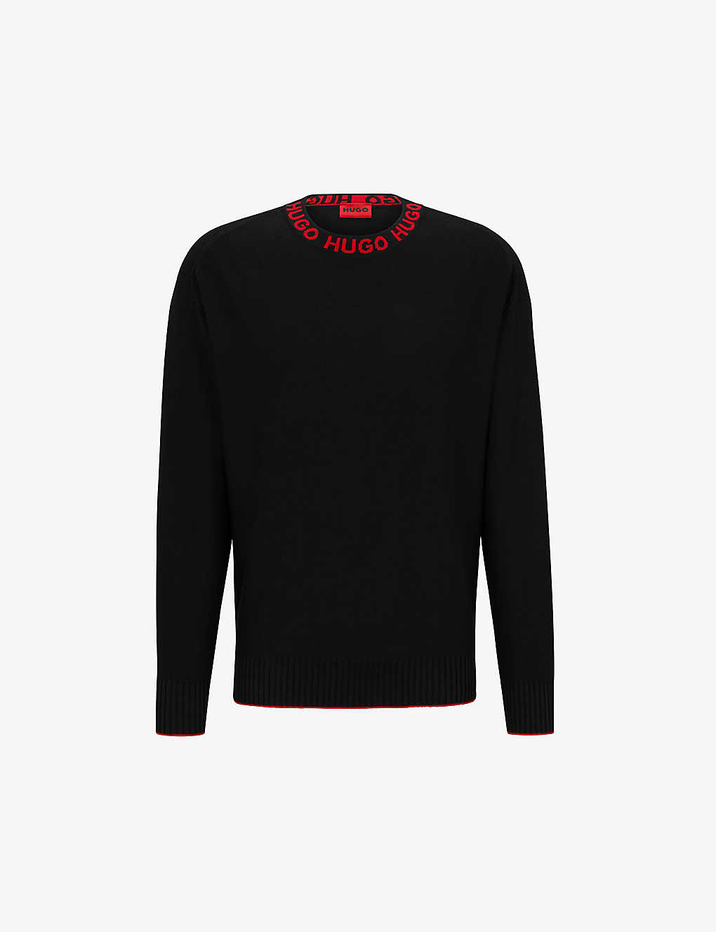 Hugo Mens Black Branded-trim Crewneck Relaxed-fit Cotton Sweatshirt