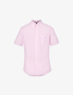 Polo Ralph Lauren Mens Pink Logo-embroidered Striped-seersucker Untucked-fit Cotton Shirt In Rose/white