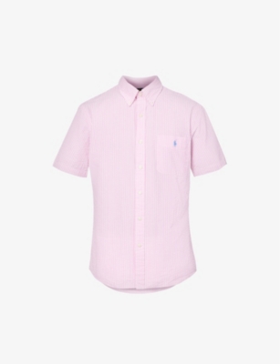 POLO RALPH LAUREN POLO RALPH LAUREN MEN'S PINK LOGO-EMBROIDERED STRIPED-SEERSUCKER UNTUCKED-FIT COTTON SHIRT,65672632