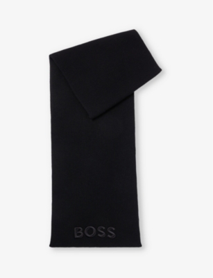Hugo Boss Boss Womens Black Logo-embroidered Virgin-wool Scarf