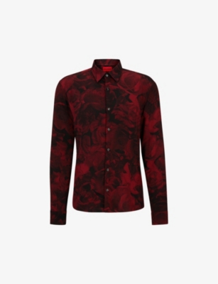 HUGO HUGO MEN'S DARK RED ROSE GRAPHIC-PRINT SLIM-FIT WOVEN SHIRT