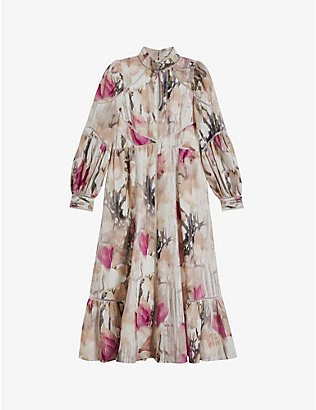 TED BAKER: Freisya floral-print cut-out linen midi dress