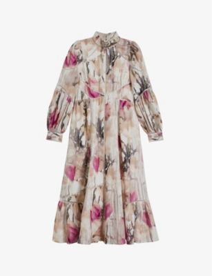 ted baker - freisya floral-print cut-out linen midi dress