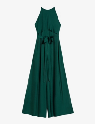 Ted Baker Meriahh Halter Neck Wide Leg Jumpsuit In Dk-green