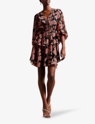 Shop Ted Baker Women's Black Floral-print Woven Mini Dress
