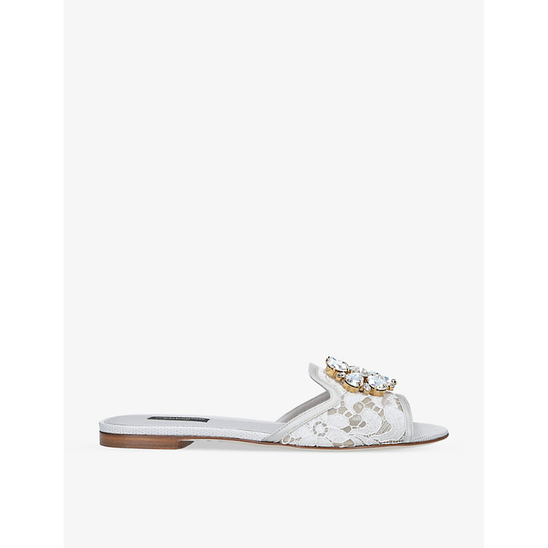 DOLCE & GABBANA DOLCE & GABBANA WOMEN'S WHITE BIANCA BROOCH-EMBELLISHED LACE AND MESH SANDALS,65694696