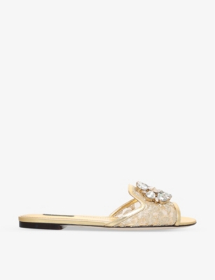 DOLCE & GABBANA DOLCE & GABBANA WOMEN'S GOLD BIANCA BROOCH-EMBELLISHED LACE AND MESH SANDALS,65694825