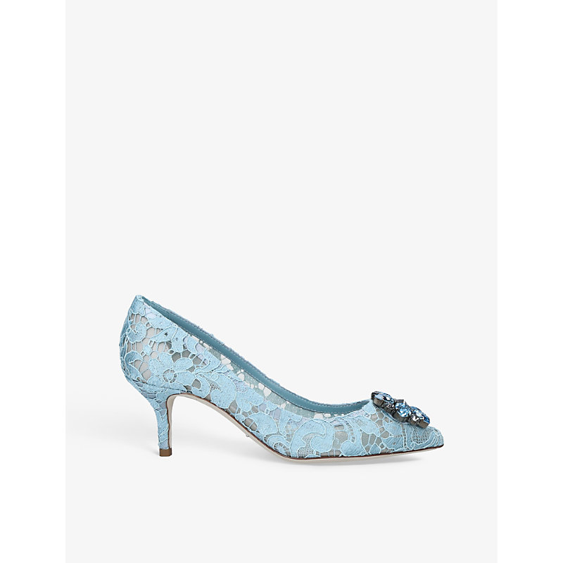 DOLCE & GABBANA DOLCE & GABBANA WOMEN'S BLUE BELLUCCI BROOCH-EMBELLISHED LACE AND MESH COURTS,65695310