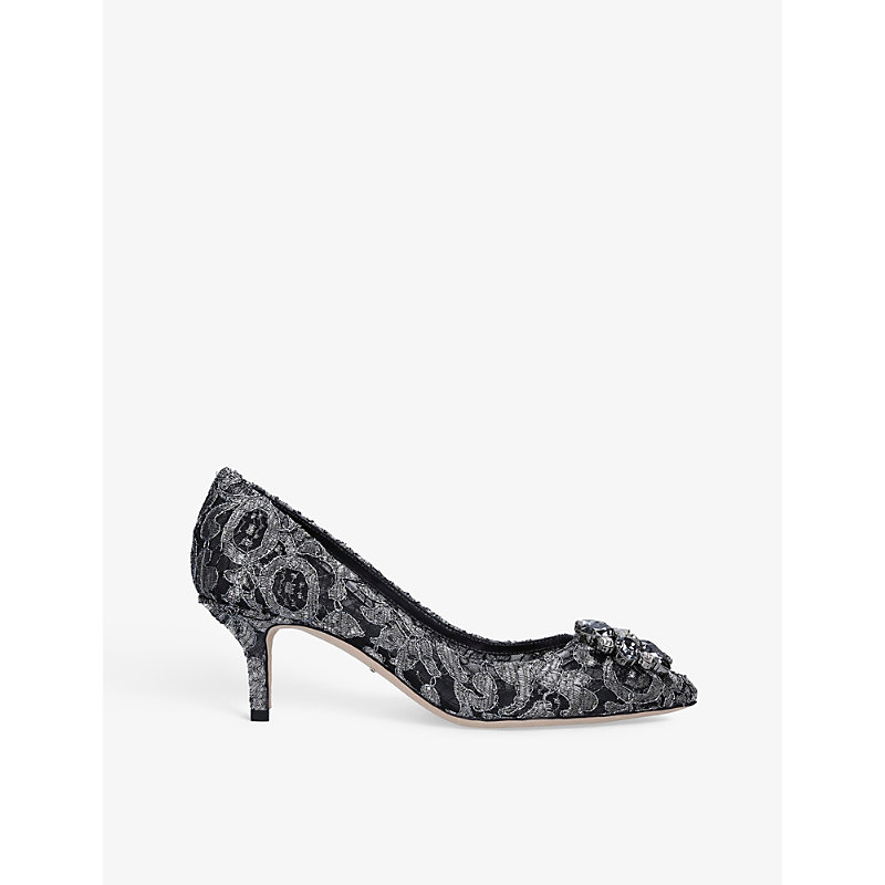 DOLCE & GABBANA DOLCE & GABBANA WOMEN'S PEWTER BELLUCCI BROOCH-EMBELLISHED LACE AND MESH COURTS,65695570