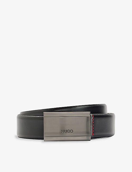 HUGO: Logo-embossed contrast-stitch leather belt