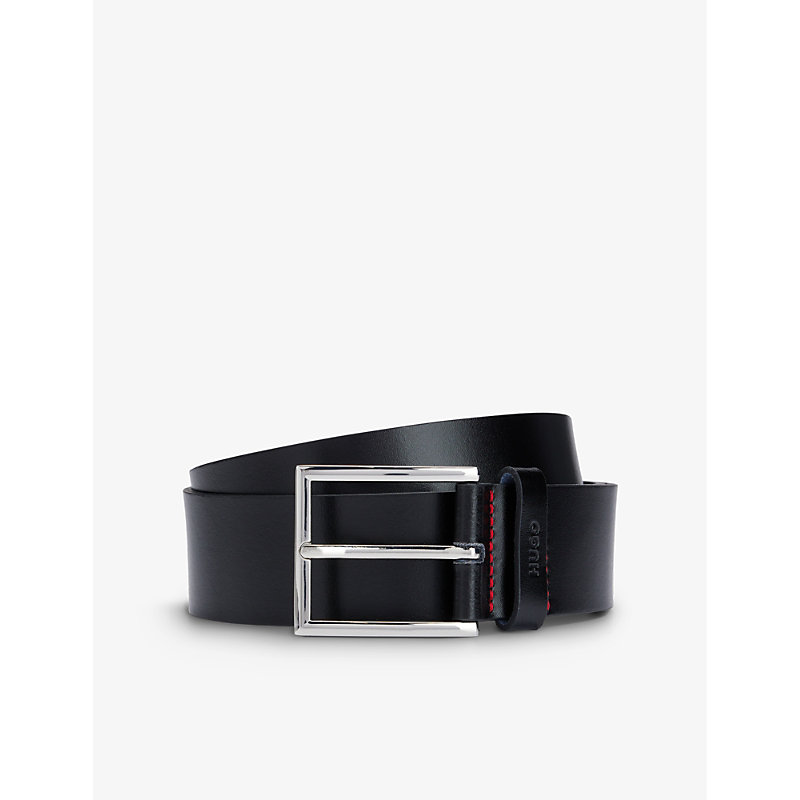 Hugo Mens Black Logo-embossed Contrast-stitching Leather Belt