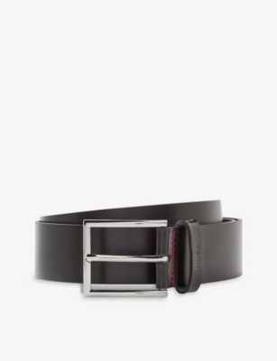 HUGO: Logo-embossed contrast-stitching leather belt