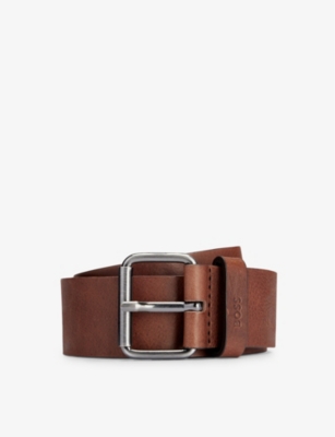 Hugo Boss Boss Mens Dark Brown Business Logo-emed Buckle Leather Belt