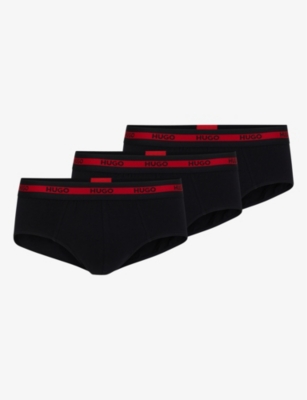 Hugo Mens Black Pack Of Three Logo-waistband Stretch-cotton Briefs