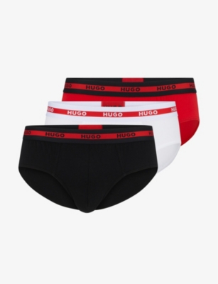Hugo Mens Bright Red Pack Of Three Logo-waistband Stretch-cotton Briefs