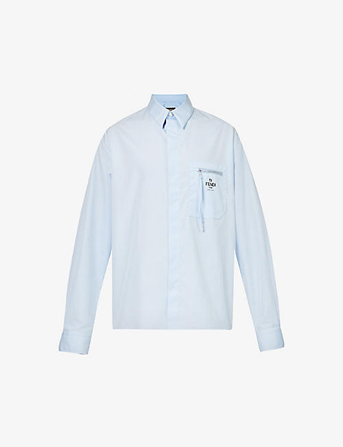 FENDI: Zipped-pocket logo-print cotton-poplin shirt