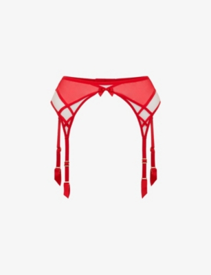 Agent Provocateur Cherise Sheer-panel Mid-rise Mesh Suspender Belt In Red
