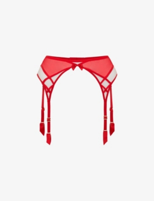 Agent Provocateur Cherise Sheer-panel Mid-rise Mesh Suspender Belt In Red