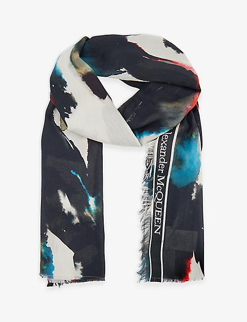 ALEXANDER MCQUEEN: Graffiti-print contrast-trim cotton-blend scarf