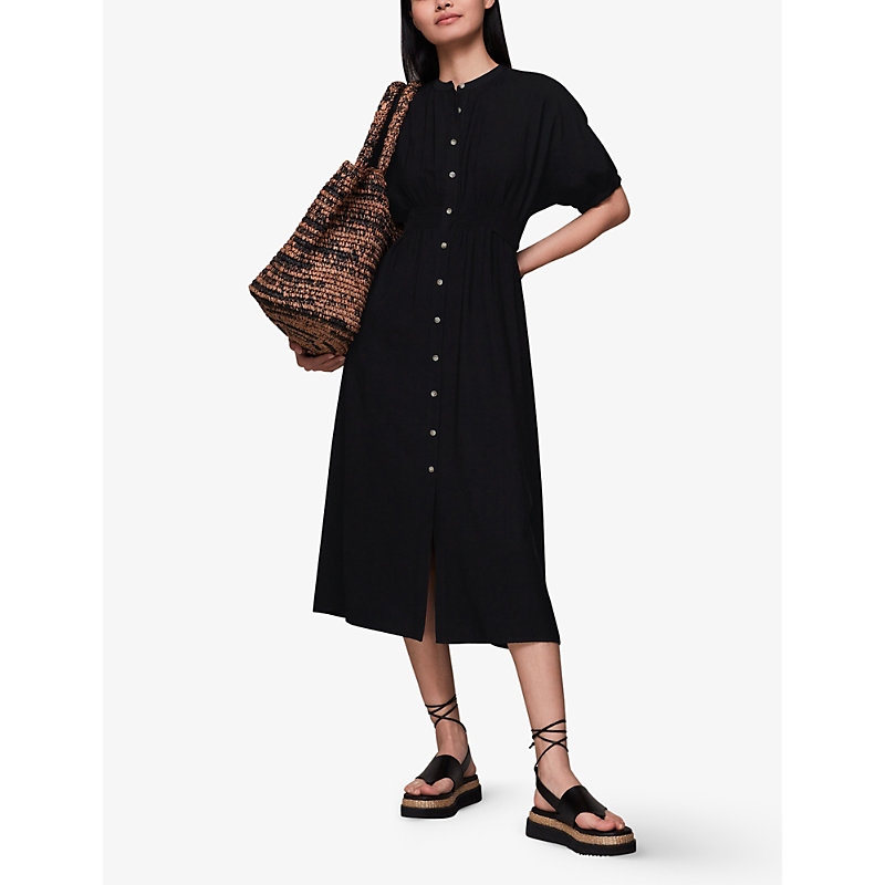 Shop Whistles Women's Black Amber Tied-waist Button-through Woven Midi Dress