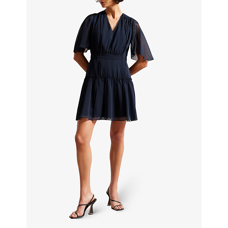 Shop Ted Baker Womens Dk-blue Giggie Tiered Chiffon Mini Dress