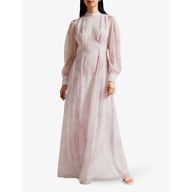 Shop Ted Baker Huron Blouson-sleeve Recycled-polyester Maxi Dress In Pink