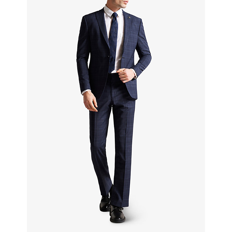 Shop Ted Baker Men's Navy Check Regular-fit Straight-leg Stretch Wool-blend Trousers