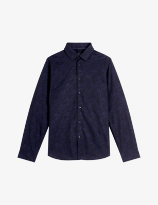 Ted Baker Cortoss Cotton Floral Jacquard Button Down Shirt In Navy